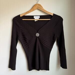 Votre Nom Brown Silk Blend Knit Top w/ Removable Brooch Size S